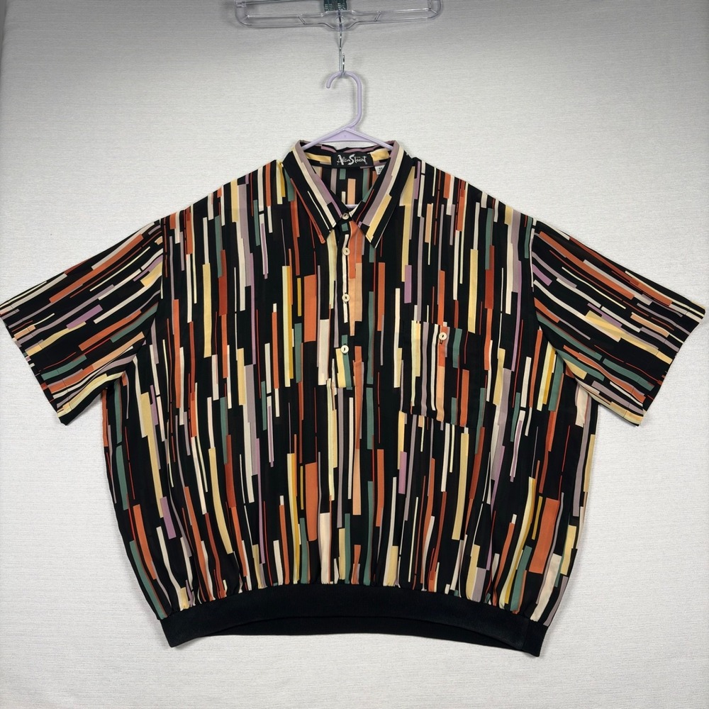 Alan Stuart 1/2 Button Shirt Mens 3X Black Multi Polyester Short Sleeve Vintage